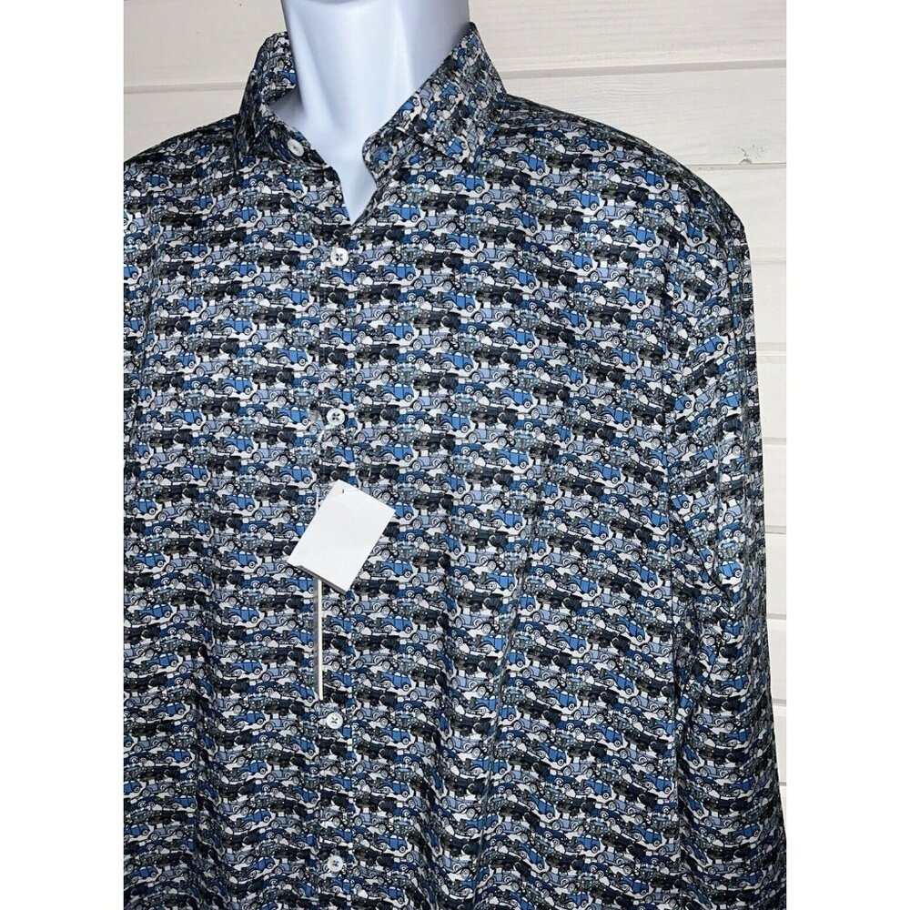 NWT Poggianti 1958 Sz XL Classic Cars Print L/S Casual Dress Shirt Blue Cotton